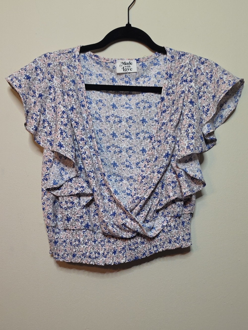 Made With Love Floral Blue & White Flutter Sleeve Crop Top